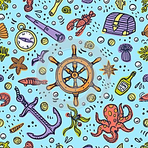 Sea adventures card. Marine hand drawn vector objects. Doodle style vector illustration.