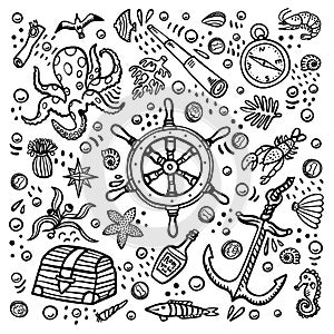 Sea adventures template. Marine hand drawn vector objects. Doodle style vector illustration.