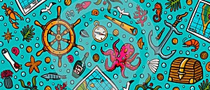 Sea adventures template. Marine hand drawn vector and objects. Doodle style vector illustration