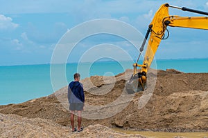 Sea aerial excavator dump truck quarry loading tractor machine machinery, for industry excavation from digger from site