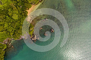 Sea Aerial Top View, beautiful Thailand sea nature background with copy space. Sand beach and bright blue water, drone photo from