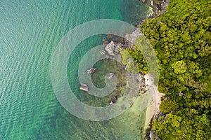 Sea Aerial Top View, beautiful Thailand sea nature background with copy space. Sand beach and bright blue water, drone photo from