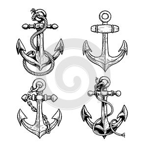 Sea anchor with rope and chains set. Ship equipment in sketch hand drawn style. Best for tattoo, emblem, logo.