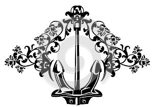 Sea anchor and rose flowers black and white vector design