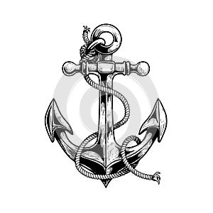 Sea anchor wrapped with rope. Ship equipment in sketch hand drawn style. Best for tattoo, emblem, logo.