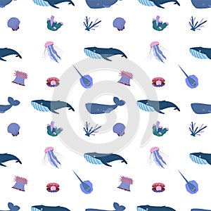 Sea animal seamless pattern with whale, jellyfish and stringray, seashell, coral. Undersea world habitants print.