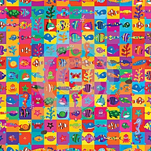 Sea animal square style colorful seamless pattern