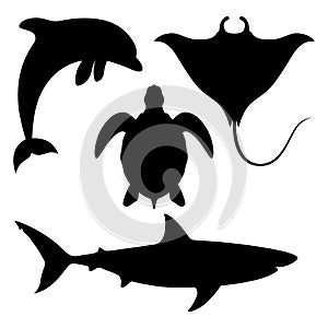 Sea animals black silhouettes