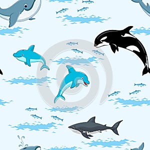 Sea animals on blue background pattern with whales and sharks, dolphins and fish