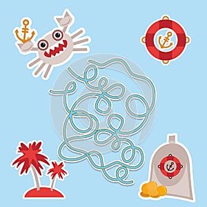 Sea animals, boats pirates. cute sea objects collection labyrinth game for Preschool Children. Vector