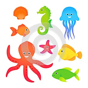 Sea animals cartoon vector set