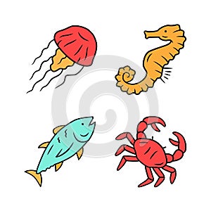 Sea animals color icons set. Swimming tuna, crab, seahorse, jellyfish. Seafood restaurant menu. Marine fauna. Undersea