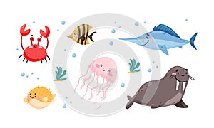 Sea Animals with Crab and Blowfish Floating Underwater Vector Set