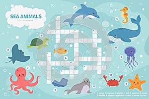 Sea animals crossword. Kids crossword puzzle game, underwater marine animals, octopus, turtle and whale vector