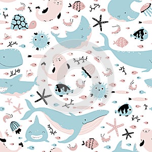 Sea animals and fish. Vector seamless pattern in simple cartoon hand-drawn style. Childish Scandinavian illustration is ideal for