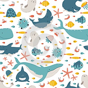 Sea animals and fish. Vector seamless pattern in simple cartoon hand-drawn style. Childish Scandinavian illustration is