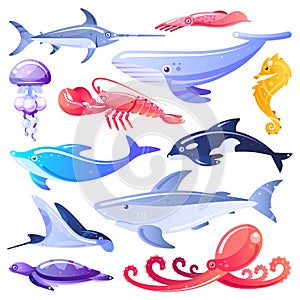 Sea animals and fishes cartoon illustration. Marine life design elements. Ocean dwellers isolated on white background photo