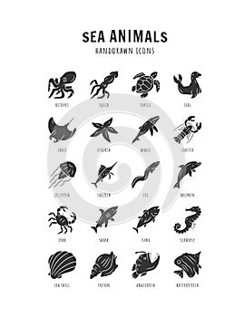 Sea animals glyph icons set. Starfish, butterflyfish, seal. Ocean wildlife. Aquatic tropical fish species. Undersea