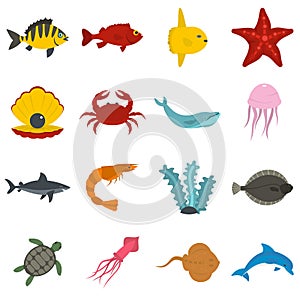 Sea animals icons set in flat style