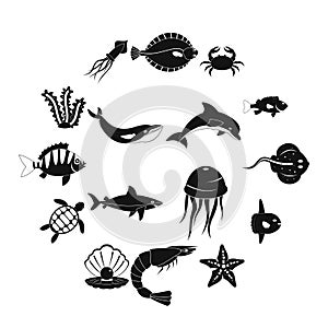 Sea animals icons set, simple style