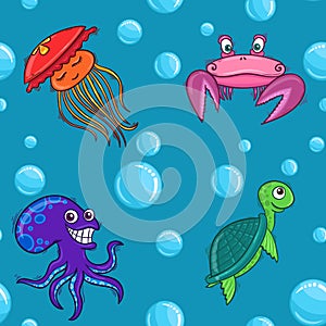 Sea animals - seamless cartoon kid pattern. Marine background