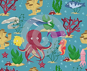 Sea animals seamless pattern background vector water plants ocean fish cartoon illustration undersea water marine aquatic characte