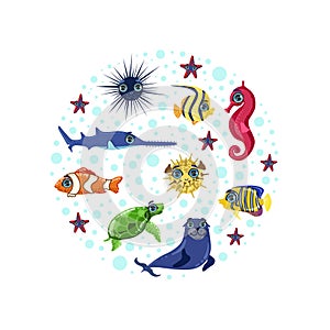 Sea Animals Seamless Pattern of Round Shape, Colorful Underwater Marine Creatures Vector Illustration