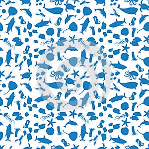 Sea animals silhouettes seamless pattern