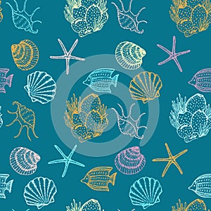 Sea Animals Sketched Seamless Pattern. Marine Life Creatures Hand drawn surface pattern design.