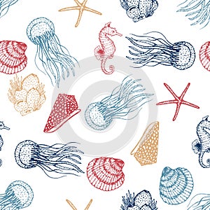 Sea Animals Sketched Seamless Pattern. Marine Life Creatures Hand drawn surface pattern design.