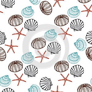 Sea Animals Sketched Seamless Pattern. Marine Life Creatures Hand drawn surface pattern design.