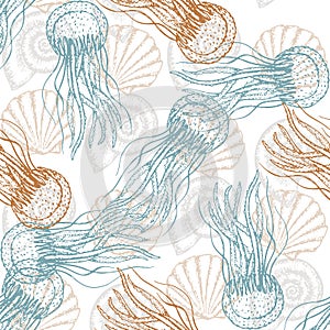 Sea Animals Sketched Seamless Pattern. Marine Life Creatures Hand drawn surface pattern design.