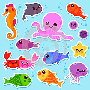 Sea animals sticker collection. Vector illustration