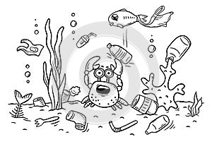 Sea animals suffer from ocean pollution with plastics, ecology and environment concept, coloring page photo