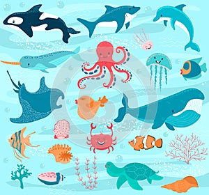 Sea animals vector cartoon ocean characters crab, funny octopus and whale underwater illustration marine set. Cute