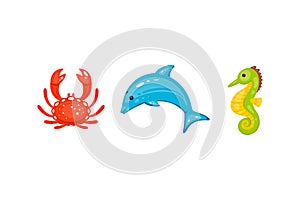 Sea animals vector set in cartoon hand drawn style. Marine life and underwater creatures contains crab, dolphin