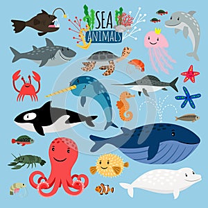 Sea Animals. Vector underwater animal creatures and fish in sea, swordfish and langoustine, ocean turtle and starfish