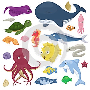 Sea animals water plants ocean fish cartoon illustration undersea water marine aquatic character life.