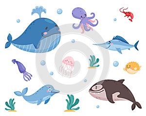 Sea Animals with Whale and Octopus Floating Underwater Vector Set