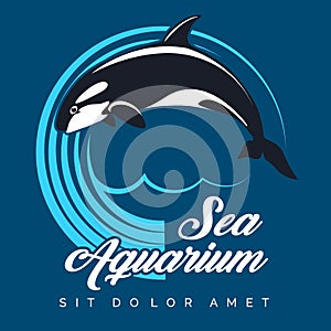 Sea Aquarium Emblem with Jumping Killer Whale