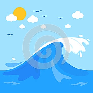 Sea background with big water wave. Seascape ocean background with summer sea surface. Vector illustration