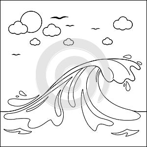 Sea background with big wave. Vector black and white coloring page