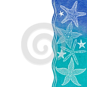 Sea background with starfish, watercolor element and place for text. Vector. Invitation, greeting card or an element for your