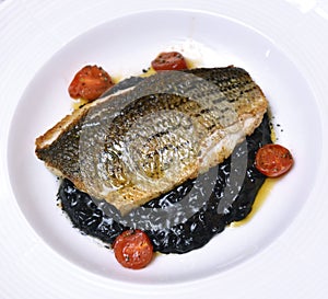 Sea bass served with black risotto