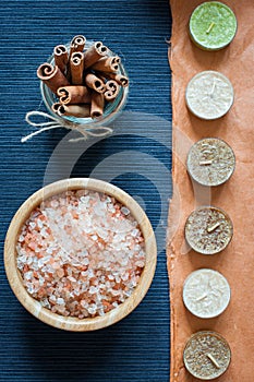 Sea bath salt, aroma candles and cinnamon