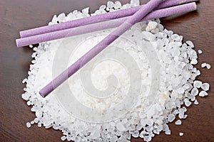 Sea bath salt with lavender sticks spa objects