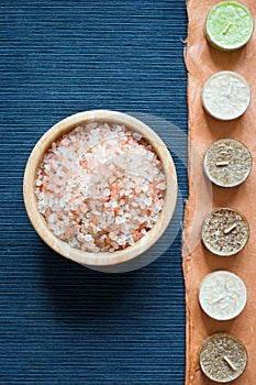 Sea bath salt, top view, text place