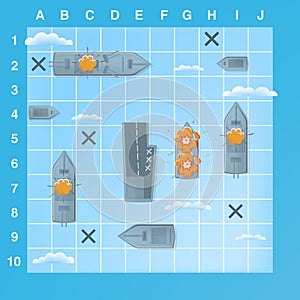 Sea battle game elements with effects. Cartoon illustration