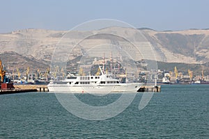 Sea bay with cargo ships and passenger ships