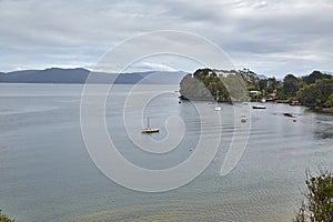 Sea bay harbor landscape, Oban, New Zealand